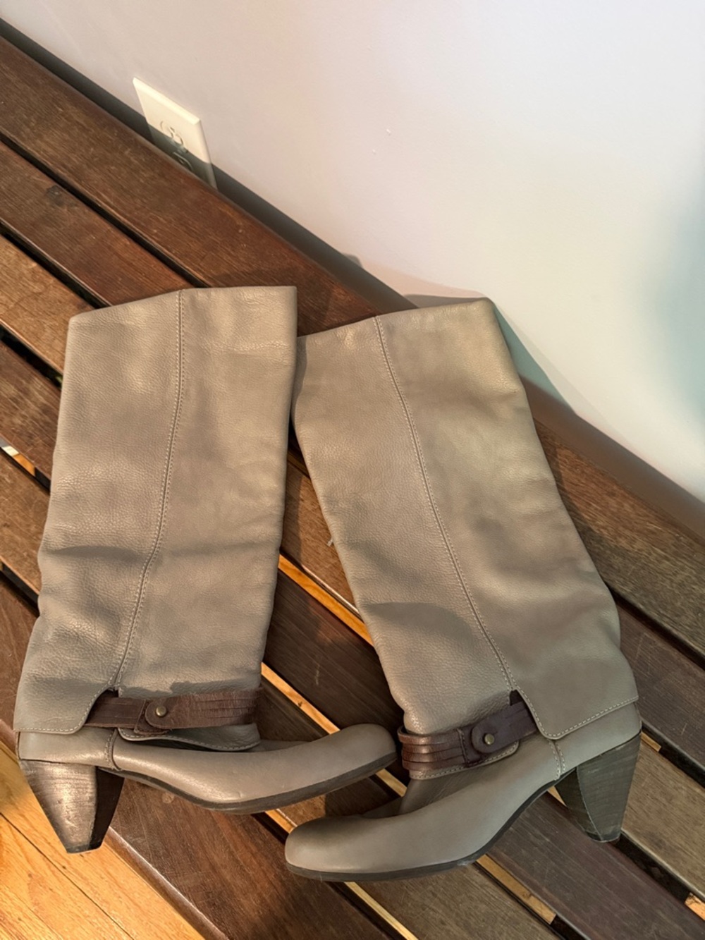 Women's Tall Taupe Leather Boots with Stacked Heel